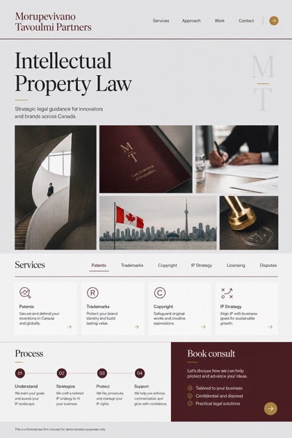 Legal website design for Canada, showing a clear opening, service information, supporting content, and a focused inquiry action.
