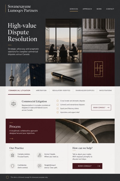 Legal website design for Canada, showing a clear opening, service information, supporting content, and a focused inquiry action.
