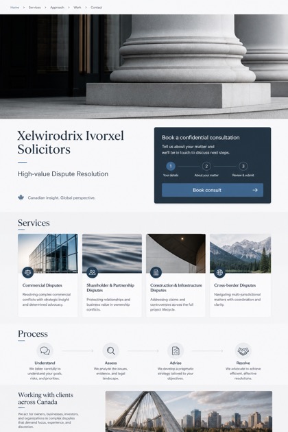 Legal website design for Canada, showing a clear opening, service information, supporting content, and a focused inquiry action.