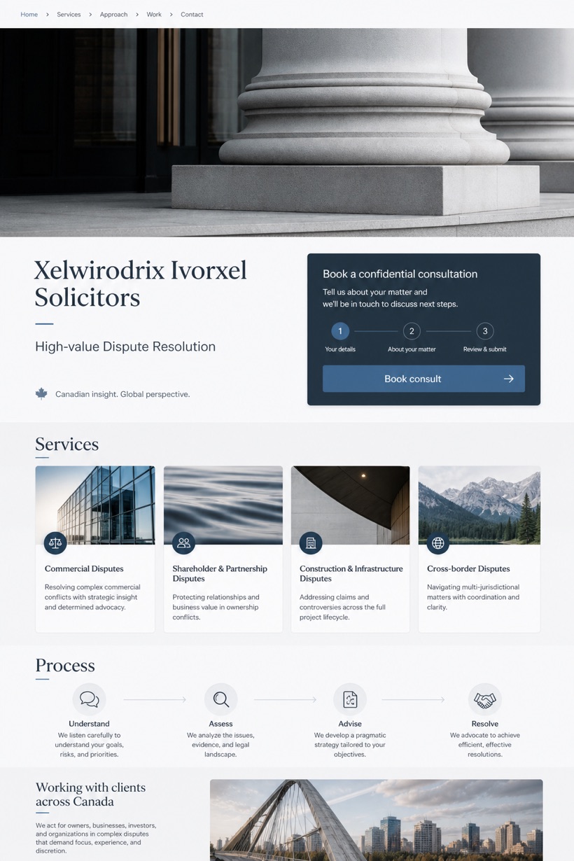 Legal website design for Canada, showing a clear opening, service information, supporting content, and a focused inquiry action.
