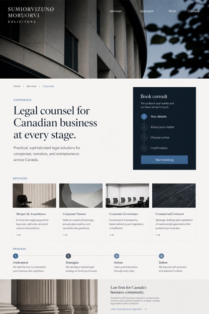Legal website design for Canada, showing a clear opening, service information, supporting content, and a focused inquiry action.