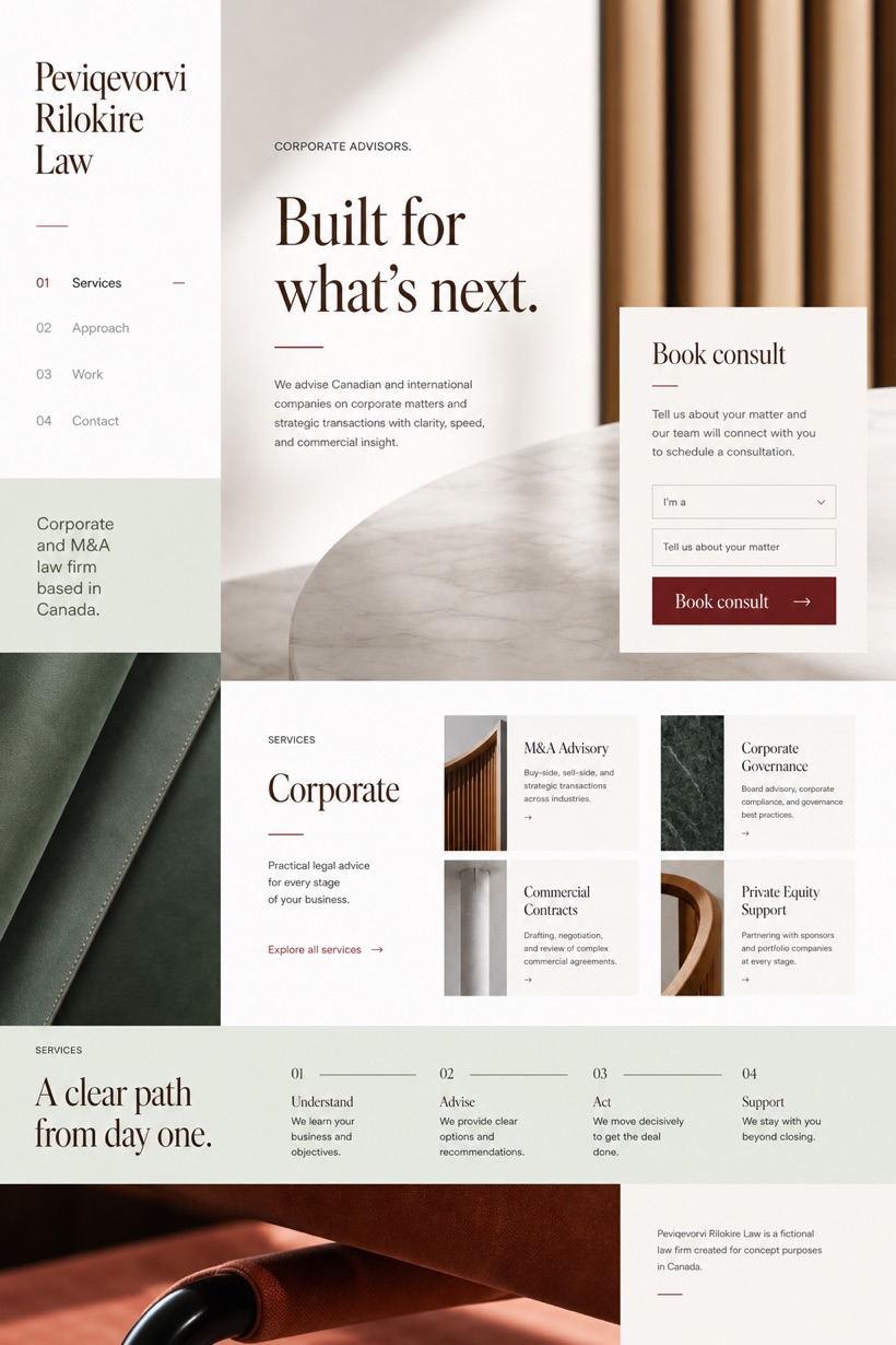 Legal website design for Canada, showing a clear opening, service information, supporting content, and a focused inquiry action.