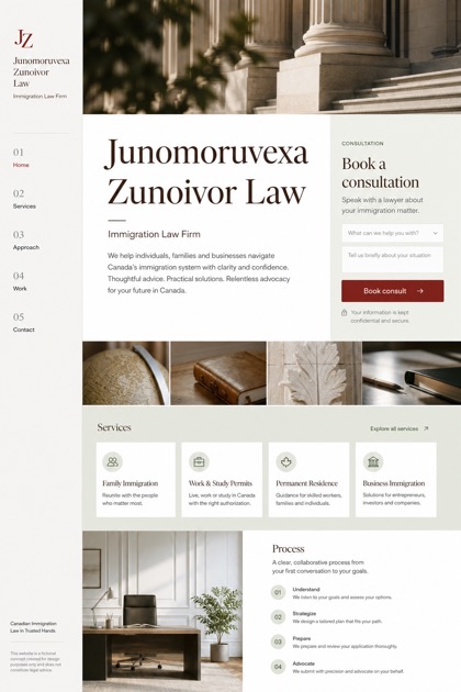 Legal website design for Canada, showing a clear opening, service information, supporting content, and a focused inquiry action.