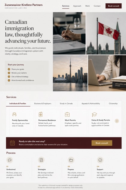 Legal website design for Canada, showing a clear opening, service information, supporting content, and a focused inquiry action.