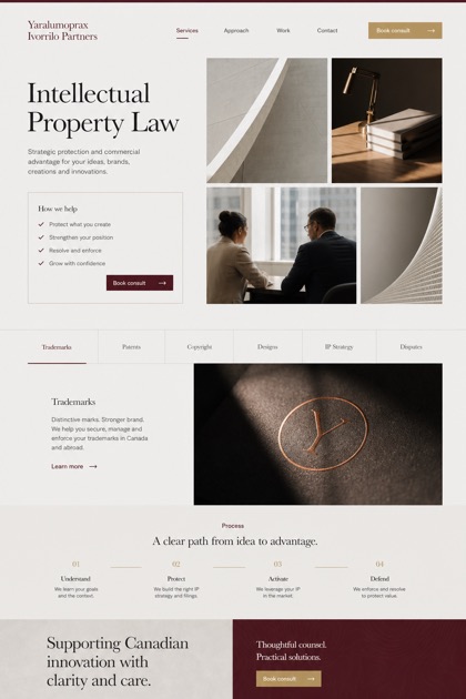 Legal website design for Canada, showing a clear opening, service information, supporting content, and a focused inquiry action.