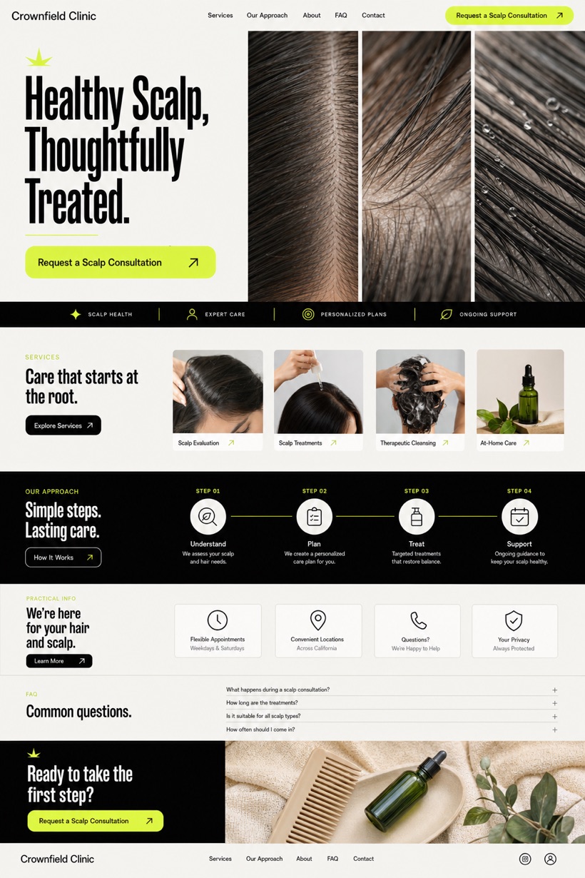 Fictional Crownfield Clinic Hair and scalp clinic website design showcase with a complete 2:3 page layout, service sections, practical information, and contact action