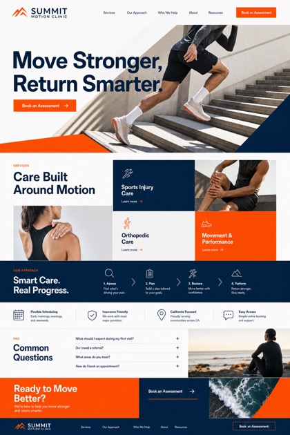Fictional Summit Motion Clinic Orthopedics and sports medicine website design showcase with a complete 2:3 page layout, service sections, practical information, and contact action