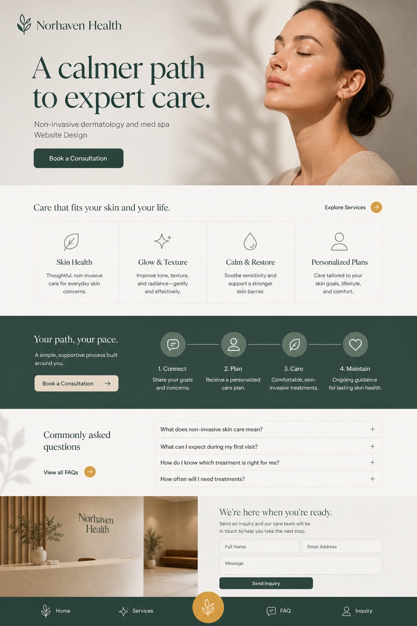 Fictional Norhaven Health Non-invasive dermatology and med spa website design showcase in a 2:3 layout with service sections, FAQ, and inquiry action