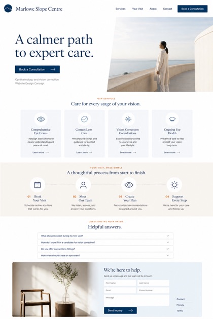 Fictional Marlowe Slope Centre Ophthalmology and vision correction website design showcase in a 2:3 layout with service sections, FAQ, and inquiry action