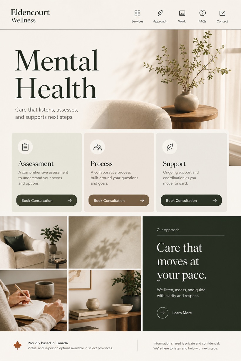 Healthcare website design for Canada, showing a clear opening, service information, supporting content, and a focused inquiry action.