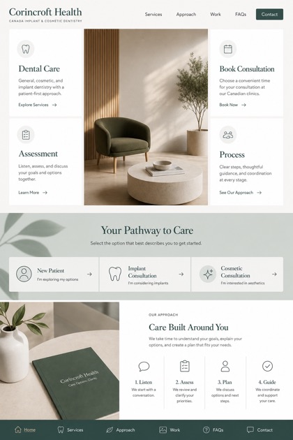 Healthcare website design for Canada, showing a clear opening, service information, supporting content, and a focused inquiry action.
