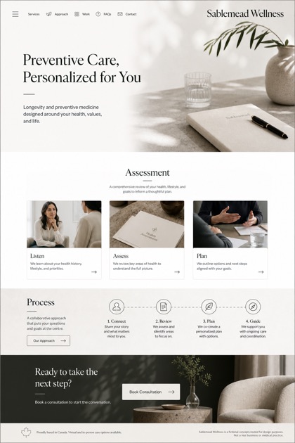 Healthcare website design for Canada, showing a clear opening, service information, supporting content, and a focused inquiry action.