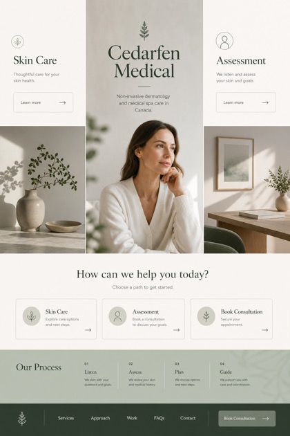 Healthcare website design for Canada, showing a clear opening, service information, supporting content, and a focused inquiry action.
