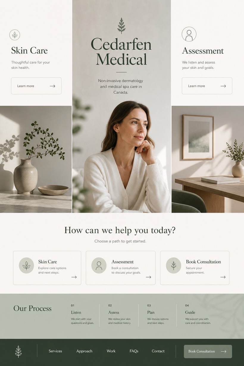 Healthcare website design for Canada, showing a clear opening, service information, supporting content, and a focused inquiry action.