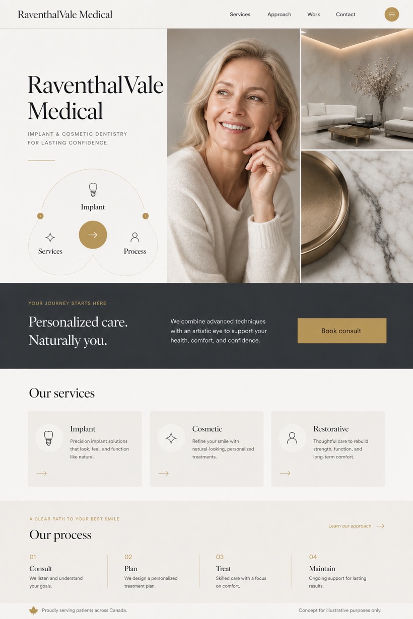Healthcare website design for Canada, showing a clear opening, service information, supporting content, and a focused inquiry action.