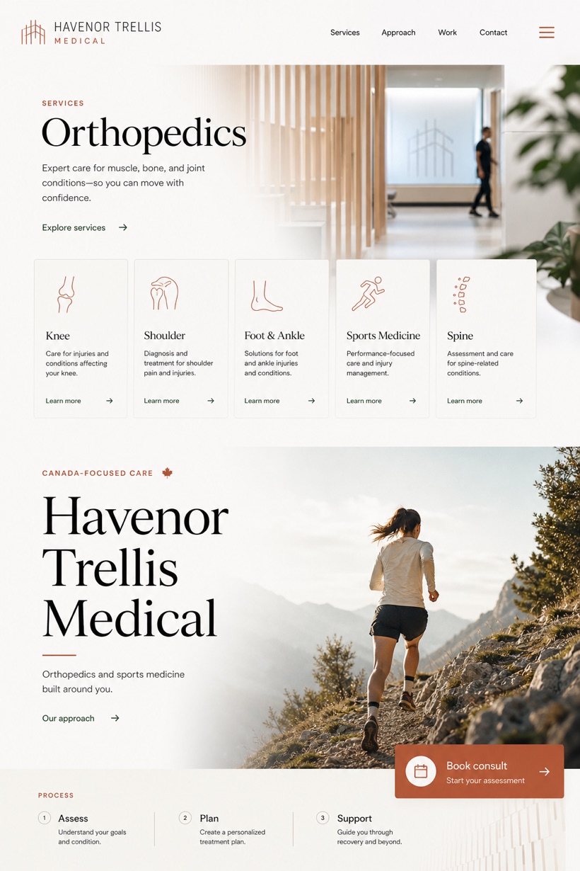 Healthcare website design for Canada, showing a clear opening, service information, supporting content, and a focused inquiry action.