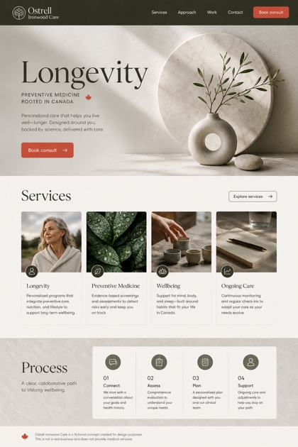 Healthcare website design for Canada, showing a clear opening, service information, supporting content, and a focused inquiry action.