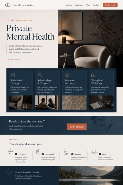 Healthcare website design for Canada, showing a clear opening, service information, supporting content, and a focused inquiry action.