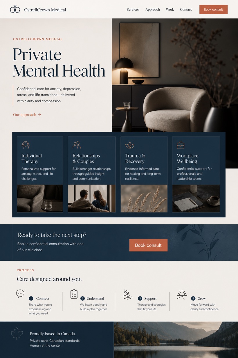 Healthcare website design for Canada, showing a clear opening, service information, supporting content, and a focused inquiry action.