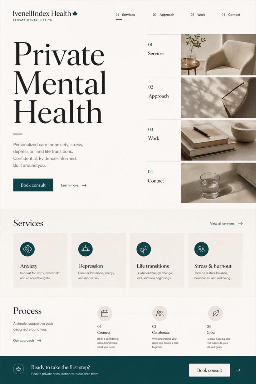 Healthcare website design for Canada, showing a clear opening, service information, supporting content, and a focused inquiry action.