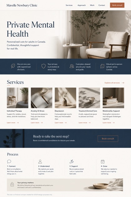 Healthcare website design for Canada, showing a clear opening, service information, supporting content, and a focused inquiry action.