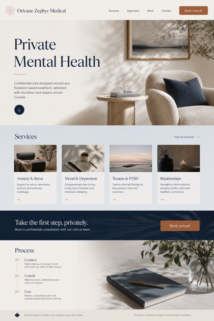 Healthcare website design for Canada, showing a clear opening, service information, supporting content, and a focused inquiry action.