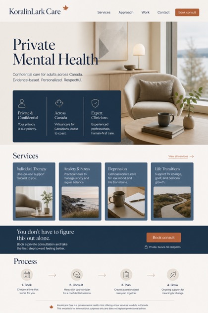 Healthcare website design for Canada, showing a clear opening, service information, supporting content, and a focused inquiry action.