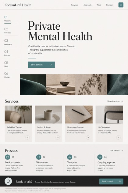 Healthcare website design for Canada, showing a clear opening, service information, supporting content, and a focused inquiry action.