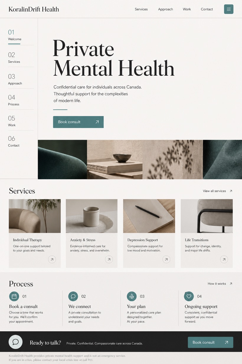 Healthcare website design for Canada, showing a clear opening, service information, supporting content, and a focused inquiry action.