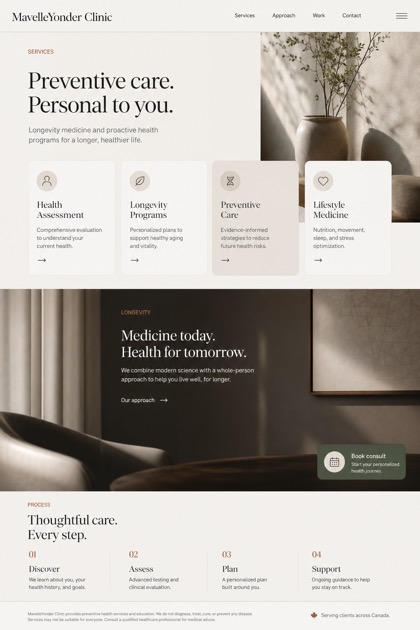Healthcare website design for Canada, showing a clear opening, service information, supporting content, and a focused inquiry action.
