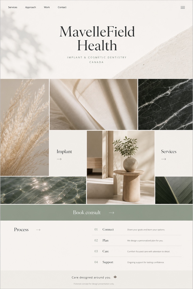Healthcare website design for Canada, showing a clear opening, service information, supporting content, and a focused inquiry action.