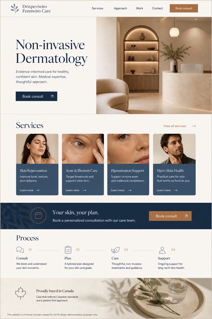Healthcare website design for Canada, showing a clear opening, service information, supporting content, and a focused inquiry action.