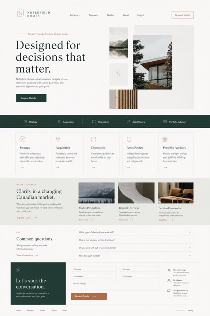 Fictional Noblefield Homes Private property advisory website design showcase in a 2:3 layout with service sections, FAQ, and inquiry action
