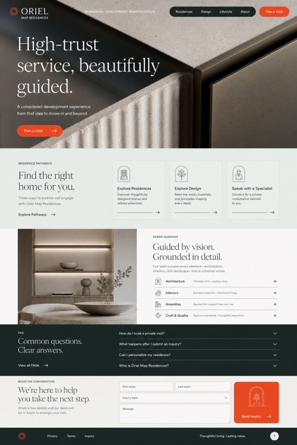 Fictional Oriel Map Residences High-end residential development website design showcase in a 2:3 layout with service sections, FAQ, and inquiry action
