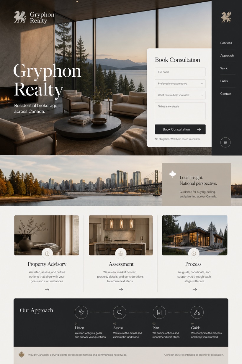 Property website design for Canada, showing a clear opening, service information, supporting content, and a focused inquiry action.