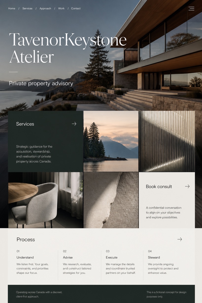 Property website design for Canada, showing a clear opening, service information, supporting content, and a focused inquiry action.