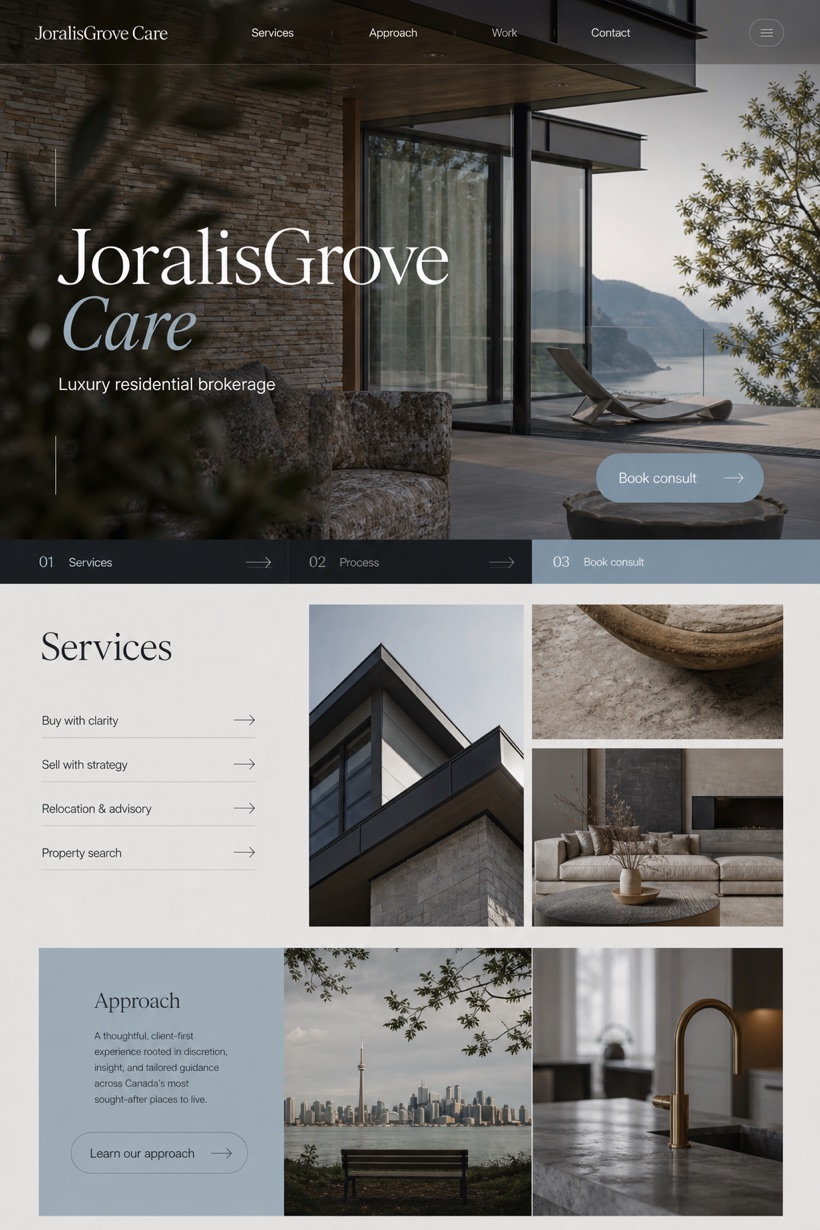 Property website design for Canada, showing a clear opening, service information, supporting content, and a focused inquiry action.