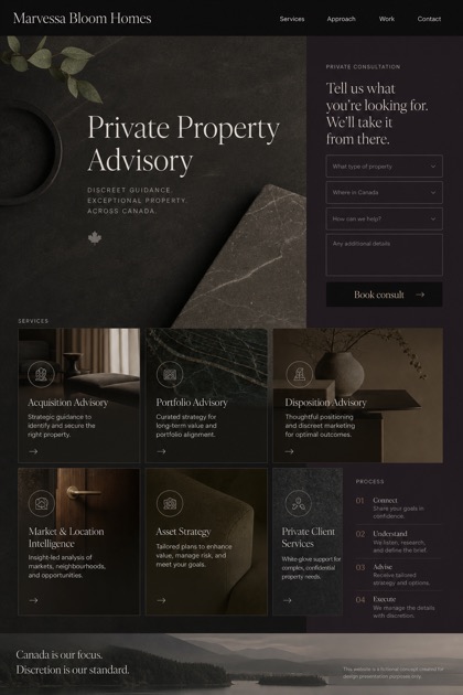 Property website design for Canada, showing a clear opening, service information, supporting content, and a focused inquiry action.