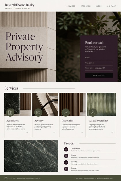 Property website design for Canada, showing a clear opening, service information, supporting content, and a focused inquiry action.