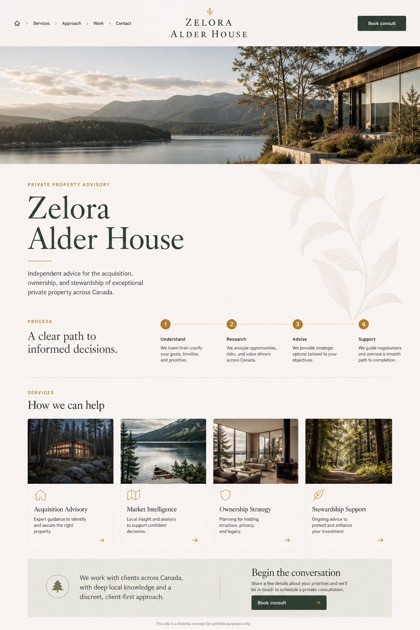 Property website design for Canada, showing a clear opening, service information, supporting content, and a focused inquiry action.