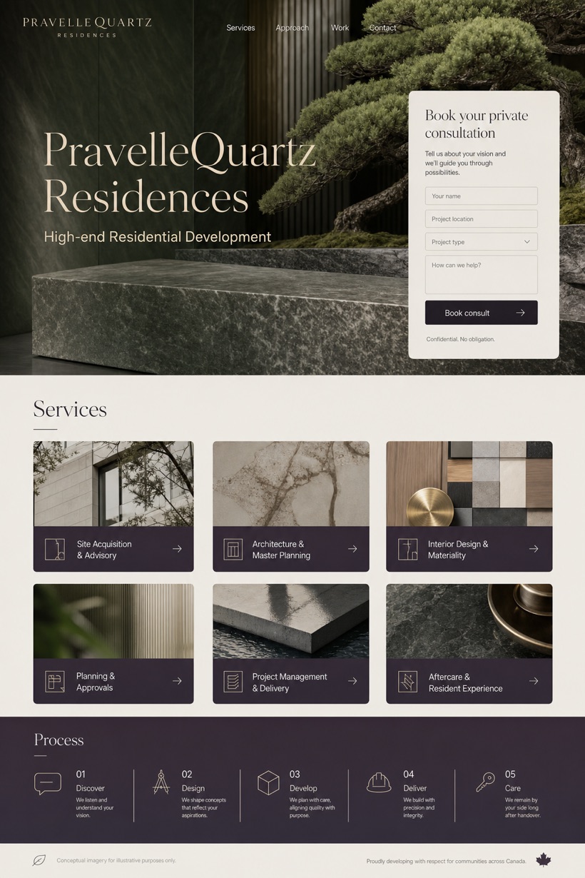 Property website design for Canada, showing a clear opening, service information, supporting content, and a focused inquiry action.
