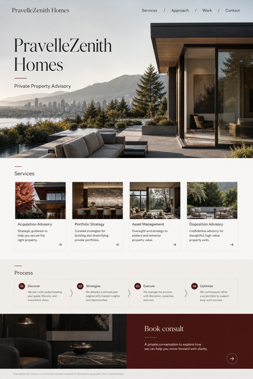 Property website design for Canada, showing a clear opening, service information, supporting content, and a focused inquiry action.