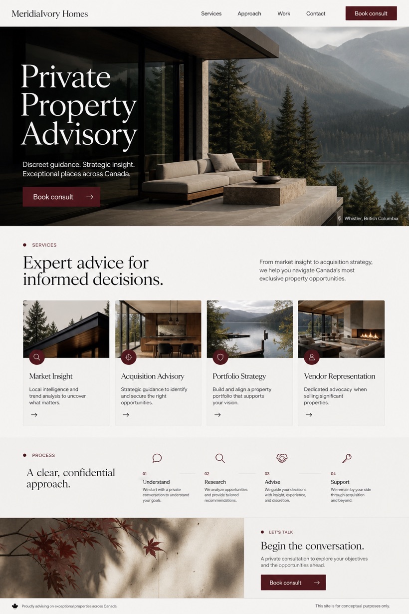 Property website design for Canada, showing a clear opening, service information, supporting content, and a focused inquiry action.