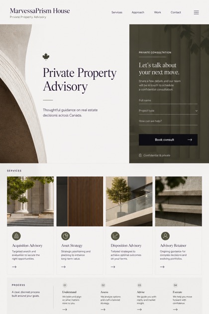 Property website design for Canada, showing a clear opening, service information, supporting content, and a focused inquiry action.