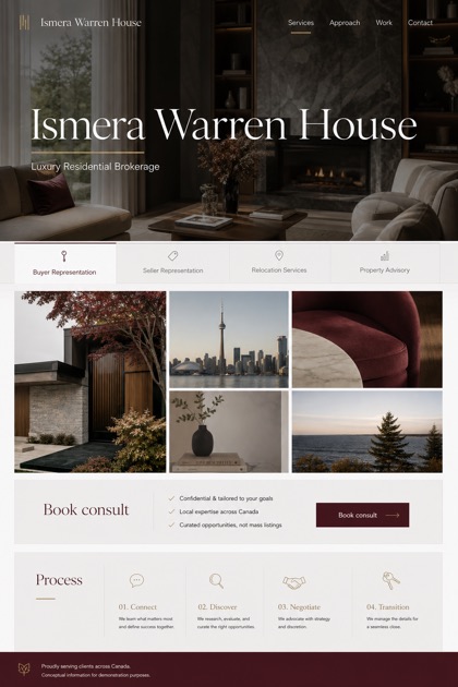 Property website design for Canada, showing a clear opening, service information, supporting content, and a focused inquiry action.
