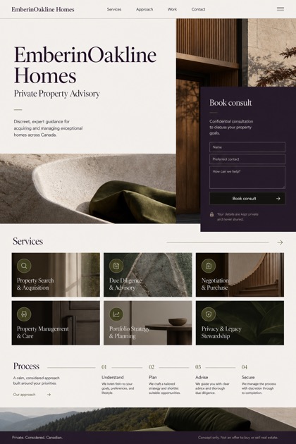 Property website design for Canada, showing a clear opening, service information, supporting content, and a focused inquiry action.