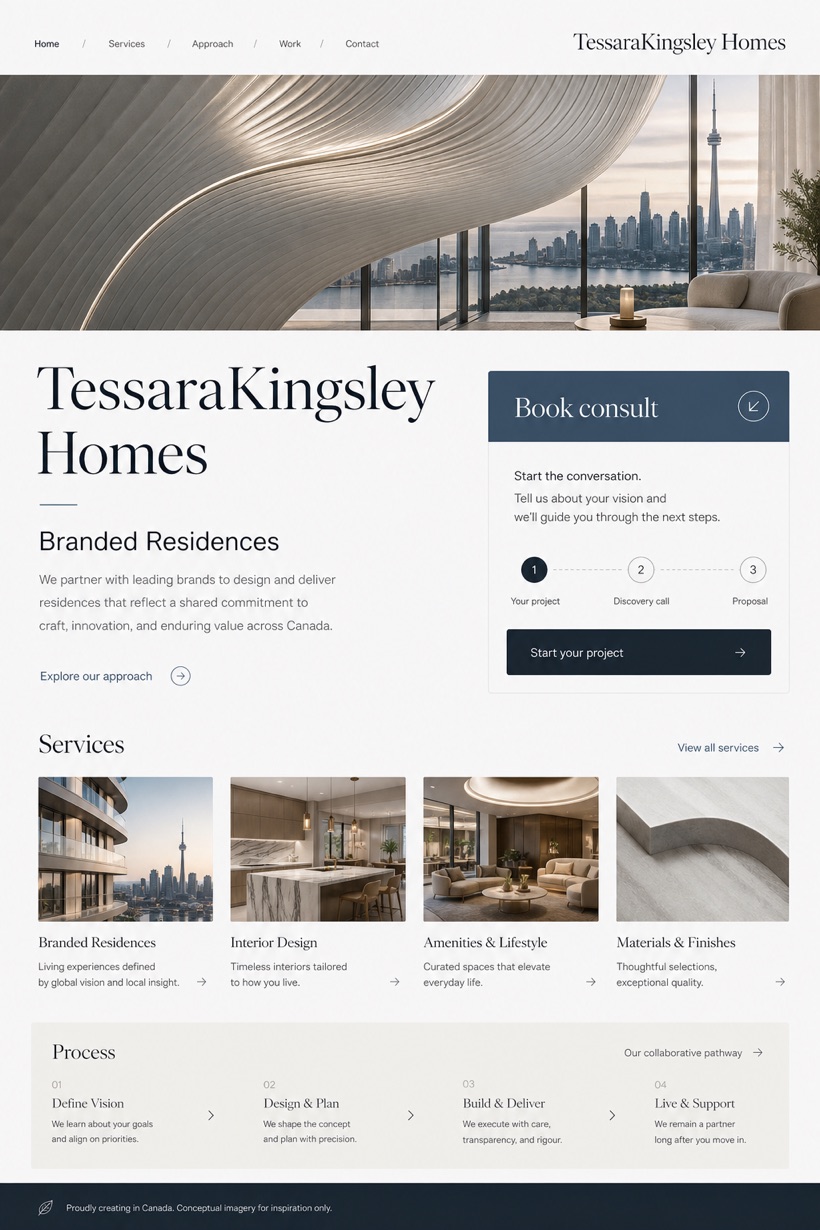 Property website design for Canada, showing a clear opening, service information, supporting content, and a focused inquiry action.