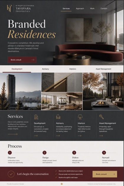 Property website design for Canada, showing a clear opening, service information, supporting content, and a focused inquiry action.