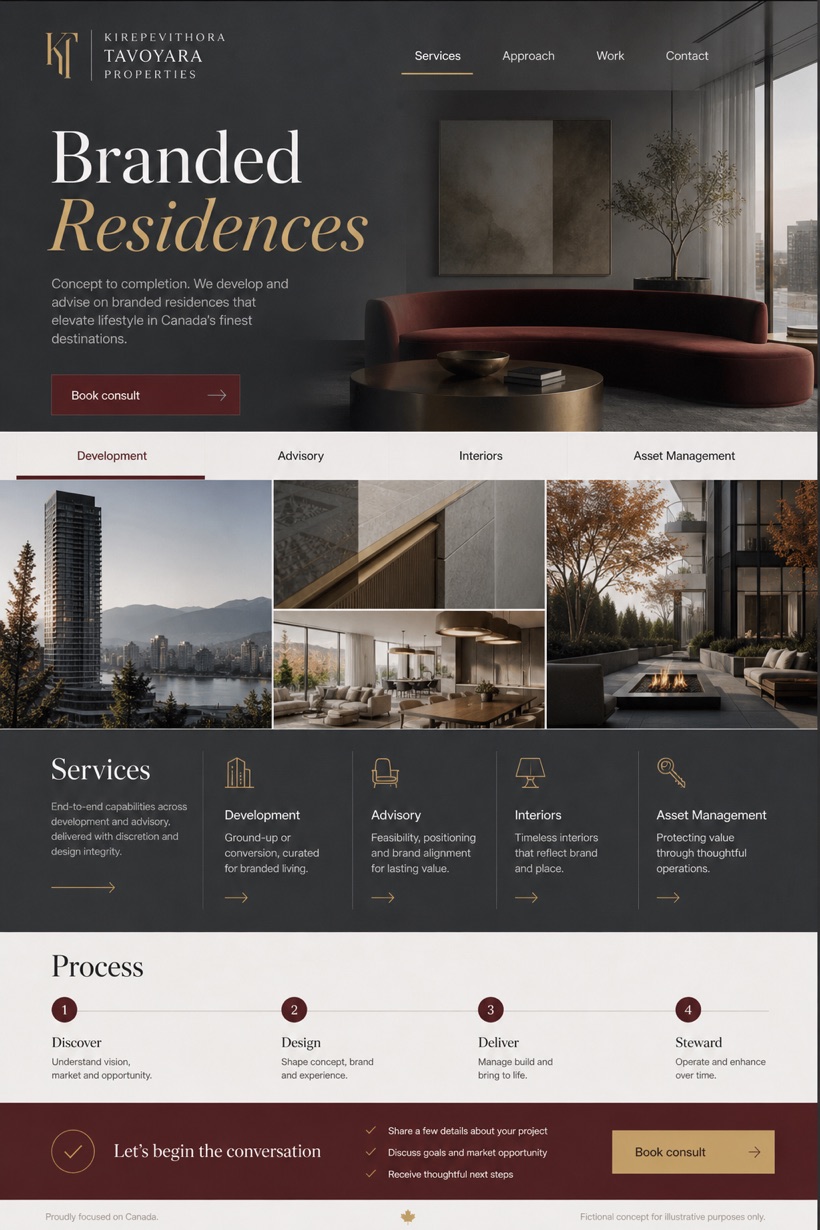 Property website design for Canada, showing a clear opening, service information, supporting content, and a focused inquiry action.
