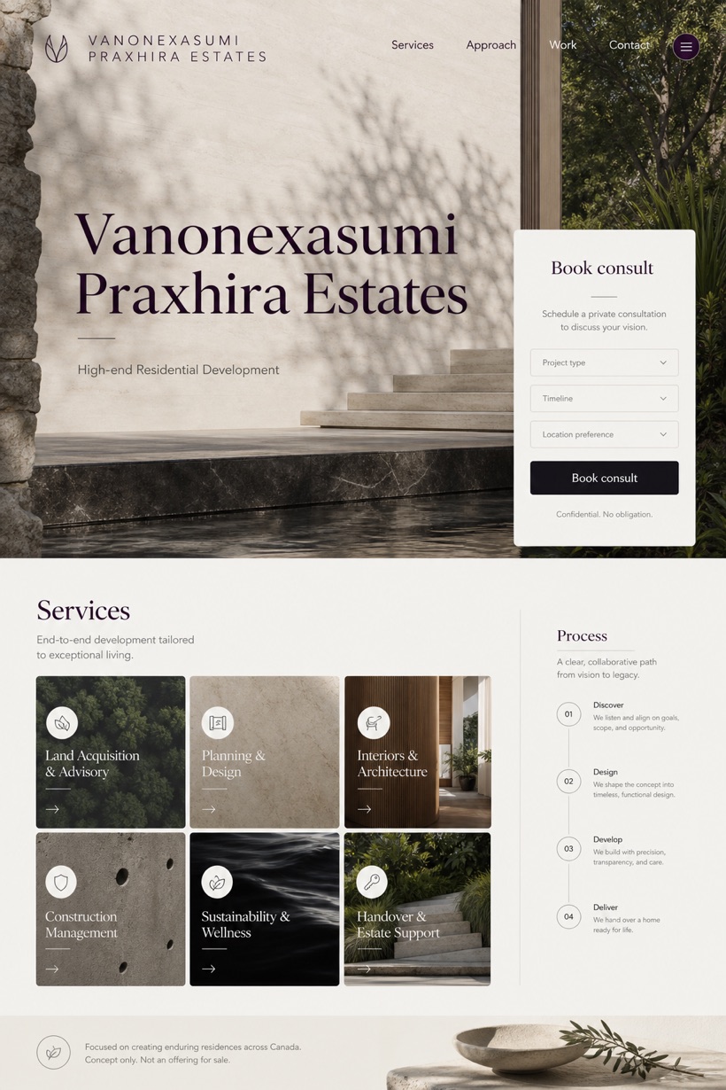 Property website design for Canada, showing a clear opening, service information, supporting content, and a focused inquiry action.
